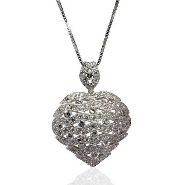 Regal Jewelled Silver Heart Pendant - Rhodium Plated