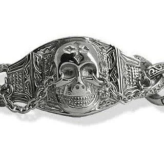 Heavy mens stainless steel skull bracelet - Engraved design links