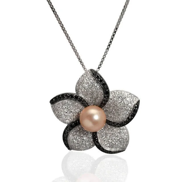 Micro Set Flower Pendant - Faux pearl simulated black and white diamond flower pendant