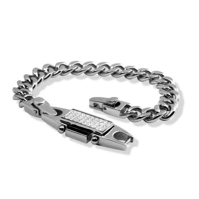 Gem Set Mens Steel Curb Bracelet - Cubic Zirconia inlayed mens stainless steel bracelet.