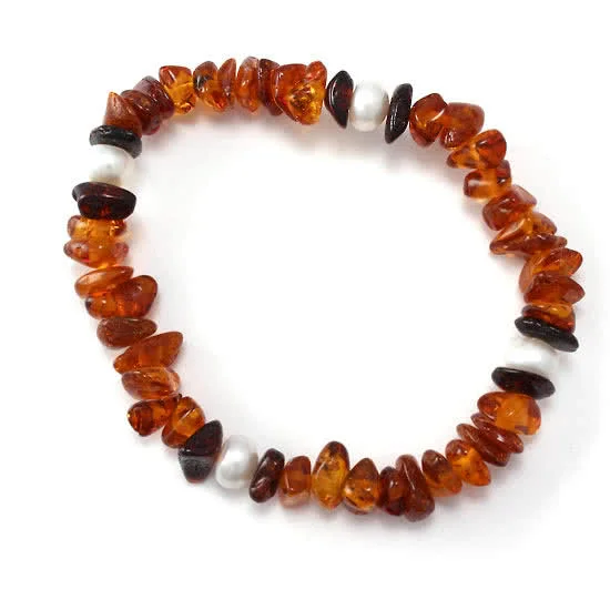 Amber and Freshwater Pearl Stretch Bracelet - Suitable for wrist sizes up to 19cm - 7.5 inches