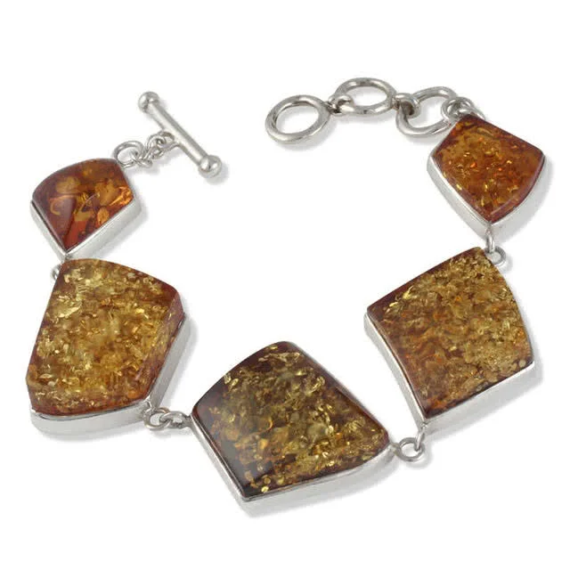 Multi Colour Baltic Amber Silver Bracelet - Centre pieces of amber measures 30mm x 30mm
