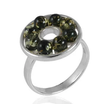 Green Amber Bead Ring - 17mm Diameter