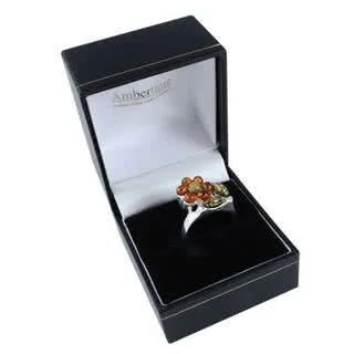 Honey and Green Amber Flower Ring - Leatherette Ring Box Included