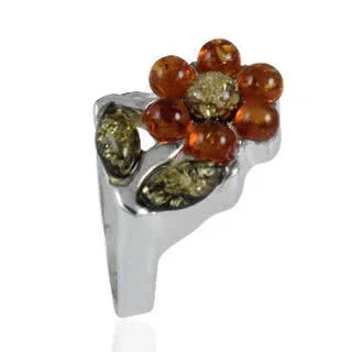 Honey and Green Amber Flower Ring - Unique and eye catching flower design