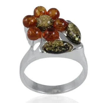 Honey and Green Amber Flower Ring - Sterling Silver