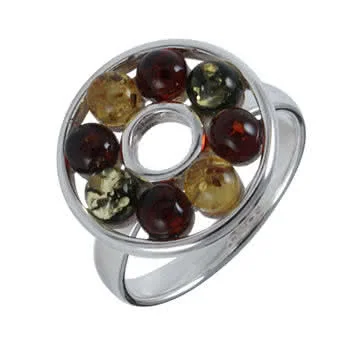 Multi Colour Amber Circles Ring - Lemon, Green and Cognac Baltic Amber Beads