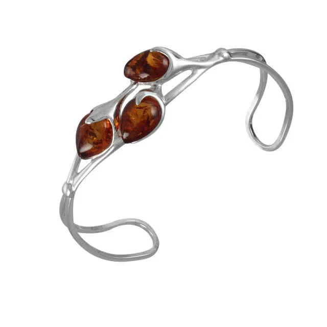 Triple Amber Bud Silver Bangle - Natural design featuring three Baltic amber set buds