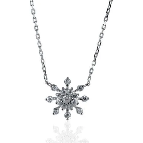 Snowflake Necklace with Cubic Zirconia - White Gold Look Rhodium Tarnish Free Plating