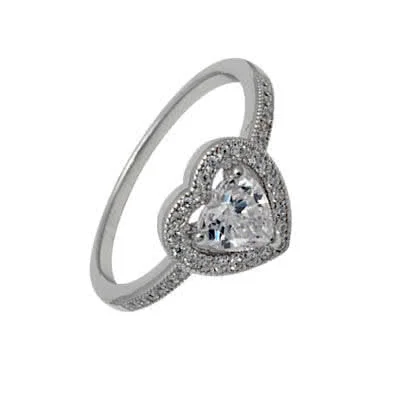 Simulated Diamonds Heart Ring with Micro Pave Shoulders, finished in rhodium for a platinum look