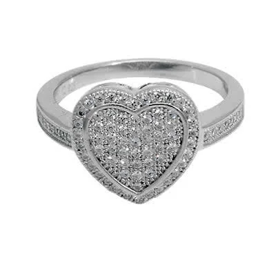 Micro Pave Set Silver Heart Ring - Micro pave set with over 100 simulated diamonds