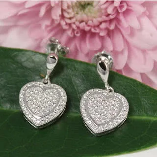 Micro Pave Heart Earrings - Rhodium Bonded Silver for a White Gold Look