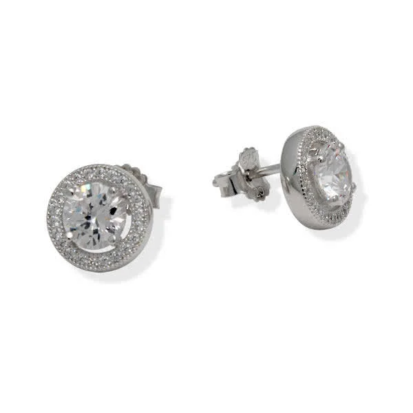 Silver Halo Stud Earrings - The centre stone is a micro pave set 10mm diameter Halo