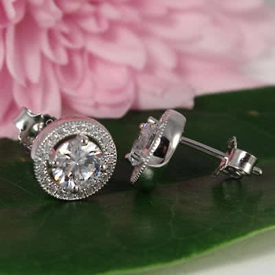 Sterling Silver Cubic Zirconia Halo Stud Earrings