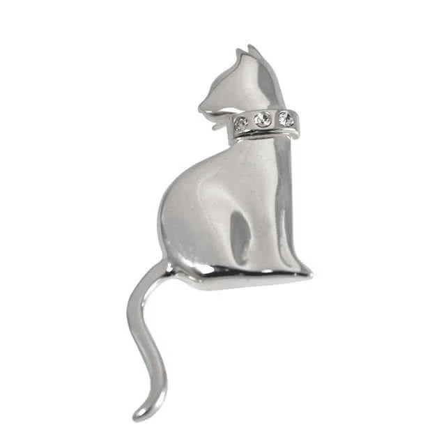 Silver Cat Brooch with Simulated Diamond Collar