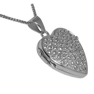 This beautiful heart shaped silver locket is encrusted with sparkling cubic zirconia