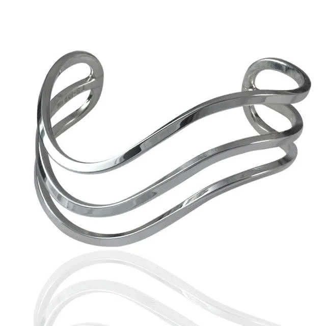 Solid Silver Bangle  - Triple Wave Open Cuff Bangle - Suitable for wrist sizes up to 7 inches - 18cm