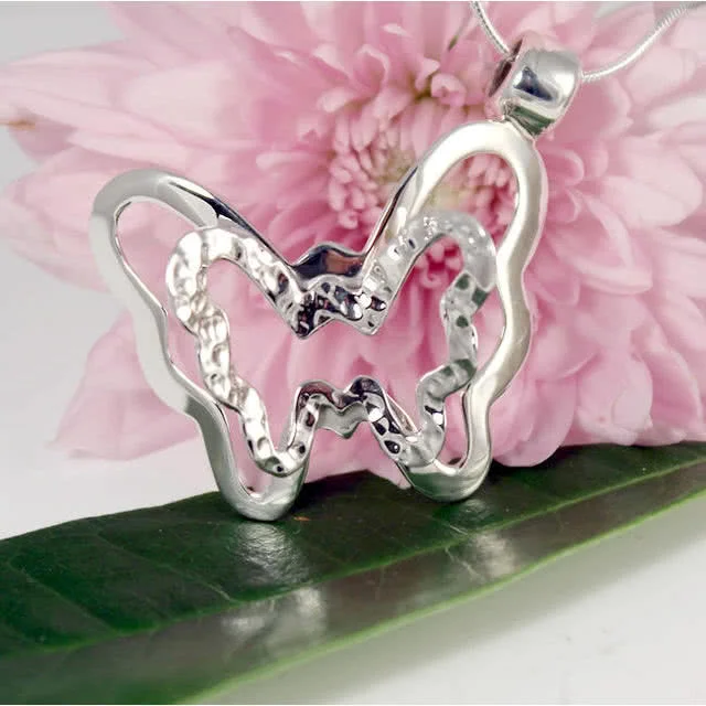 Silver Double Butterfly Pendant with Hammered Finish