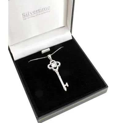 Large Silver Key Pendant - Rhodium plated for a tarnish free white gold look