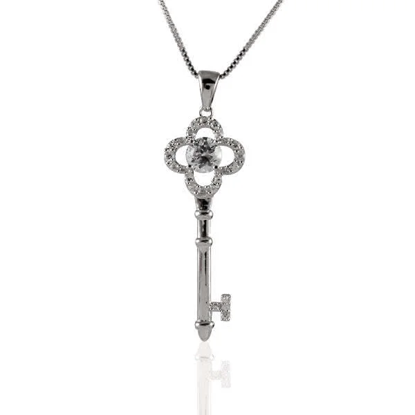 Large Silver Key Pendant - Set with sparkling cubic zirconia gems