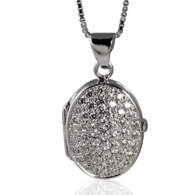 Oval Cubic Zirconia Silver Locket - Set with over 50 sparkling cubic zirconia gemstones