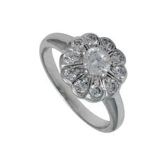 Cubic Zirconia Flower Cluster Ring - Rhodium Finished for white gold look