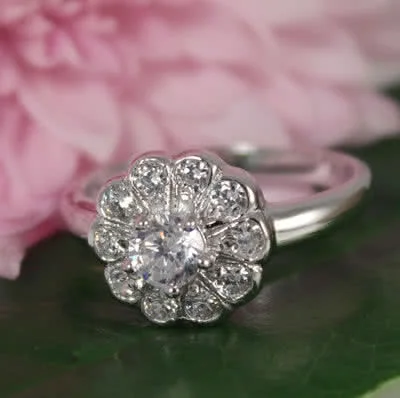 Cubic Zirconia Flower Cluster Ring - The center stone is 6mm in diamater