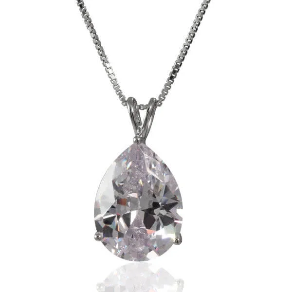 Large Sparkling Pearcut Cubic Zirconia Pendant - Rhodium Bonded 