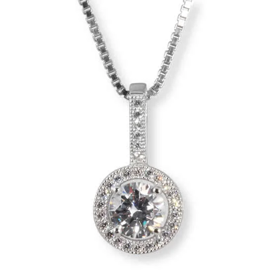 Cubic Zirconia Silver Halo Pendant - The center CZ measures 6mm diameter