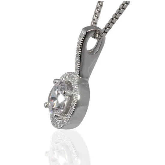 This beautiful pendant is crafted in sterling silver and plated with a rich layer of Rhodium
