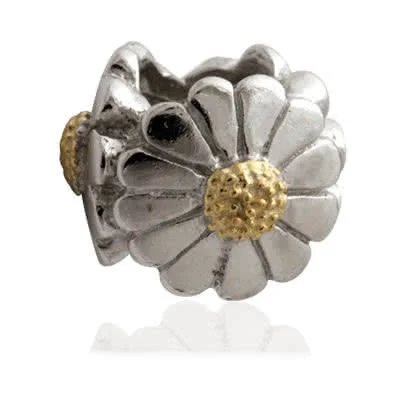 Sterling Silver Triple Daisy Silver Charm Bead with Gold Plated Detailing