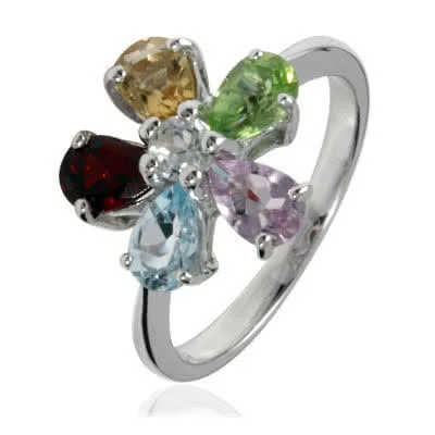 Multi Gemstone Flower Ring set with genuine garnet, sky blue topaz, amethyst, citrine and peridot