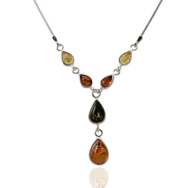 Sterling Silver Multi Colour Baltic Amber Drop Necklace