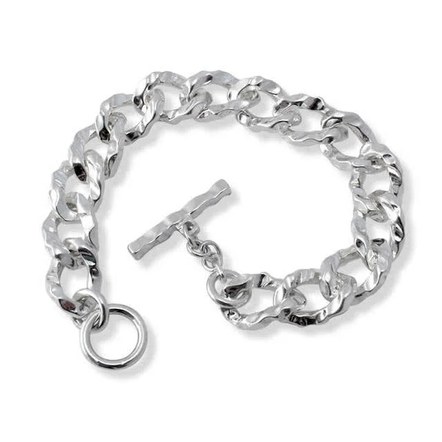 Highly Polished Mens Hammered Silver Bracelet - 12.50mm Width Links - 57 grams