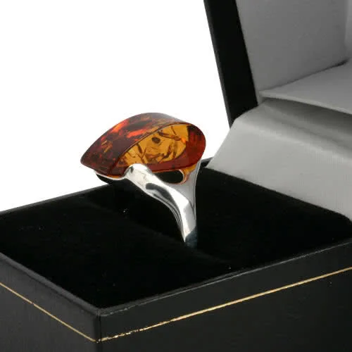 Baltic Honey Amber Silver Ring - A unique ushion shaped cut to the amber