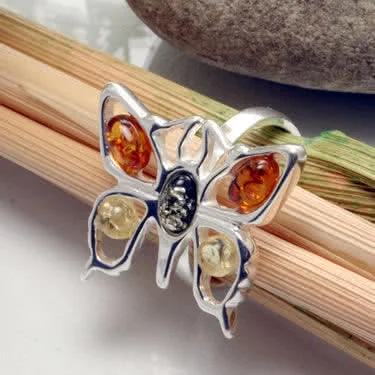Multi Coloured Amber Butterfly Ring - Set with Lemon, Honey and Green Amber
