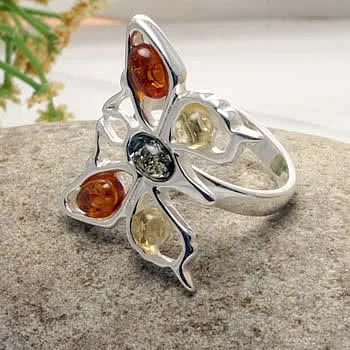 Sterling Silver Multi Coloured Amber Butterfly Ring