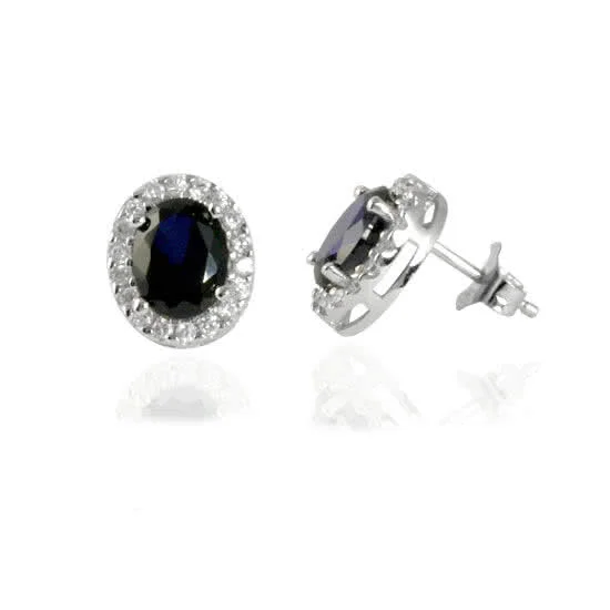 Deep Blue Sapphire CZ Earrings - Surrounded by 19 smaller round cut clear cubic zirconia stones