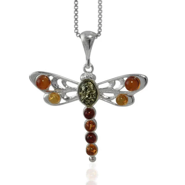 Multi Colour Baltic Amber Dragonfly Pendant - Set with cognac, honey and green 