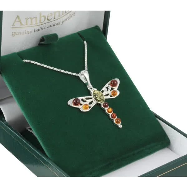 Multi Colour Genuine Baltic Amber Dragonfly Pendant - Measuring 38mm - 18 inch chain included