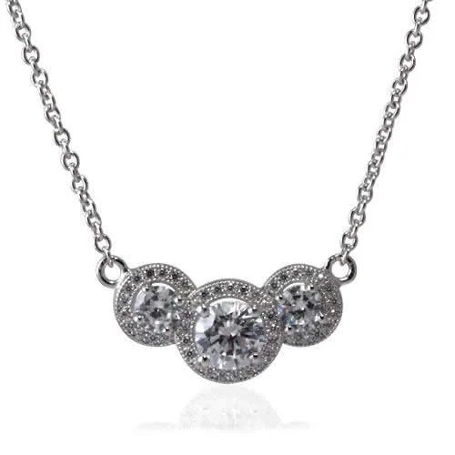 Triple CZ Silver Halo Necklace - The stone set section measures 20mm x 10mm