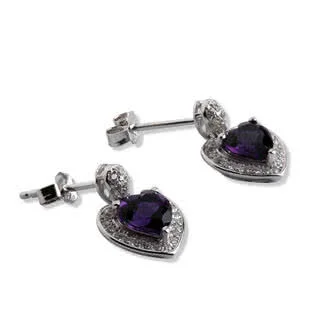 Genuine Amethyst Heart Shaped Drop Earrings Sterling Silver Rhodium Plated