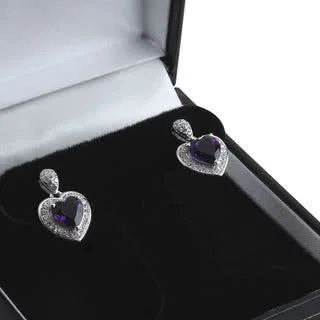 Deep Purple Amethyst Silver Heart Drop Earrings - 2.10 grams
