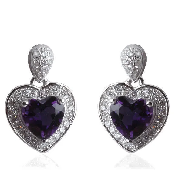 Amethyst Silver Heart Drop Earrings - Rhodium Plated