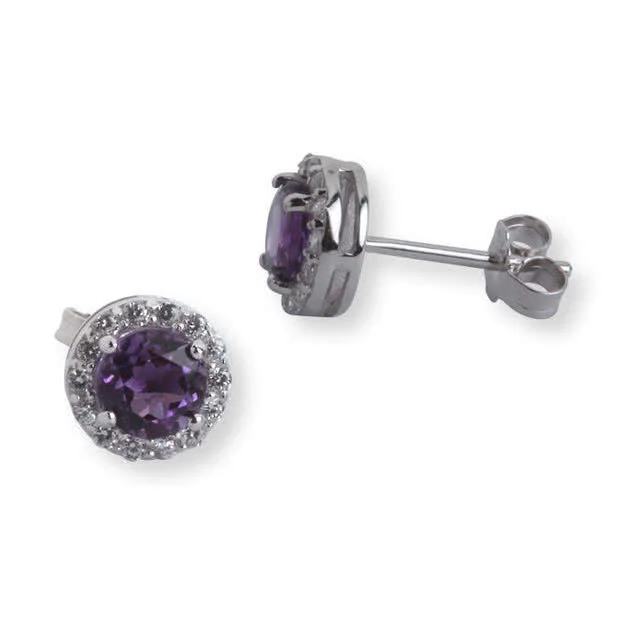 Amethyst and CZ Round Silver Stud Earrings Set with 5mm genuine amethysts