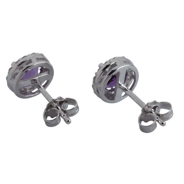 Amethyst and CZ Round Silver Stud Earrings - Rhodium Finished 