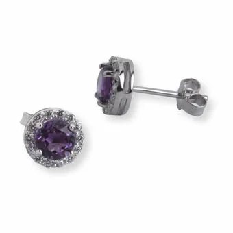 Amethyst and CZ Round Silver Stud Earrings