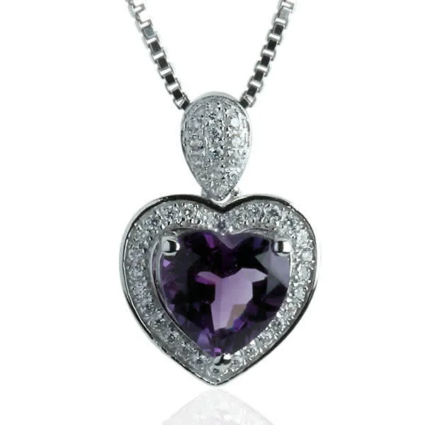 Sterling Silver Genuine Amethyst Heart Pendant Rhodium Bonded