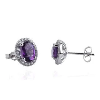 Solid Sterling Silver Oval Amethyst and CZ Silver Earrings