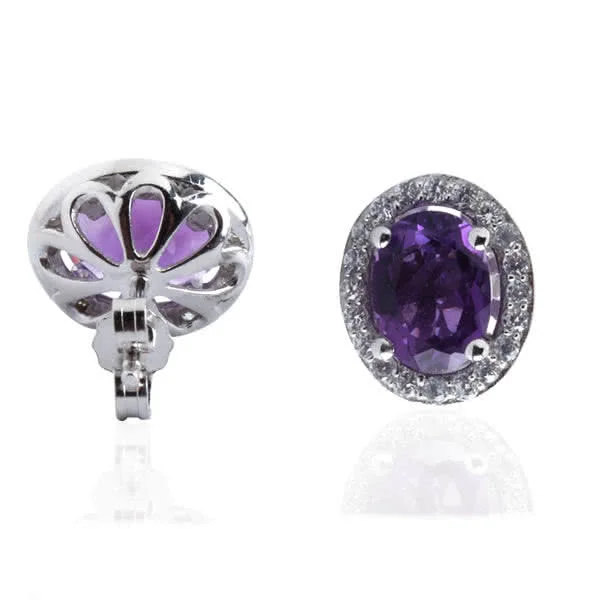 Oval Amethyst and CZ Silver Earrings - Finished with luxurious Rhodium for a white gold look
